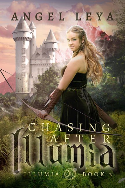 chasing after illumia book cover, a young woman holding a bow, looking back, standing amid brush and grass with a castle and mountains in the distance.