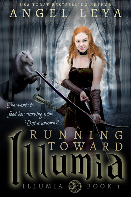 young adult epic fantasy with romance, Running Toward Illumia book cover, young woman in foggy woods with a unicorn in the background