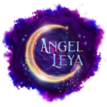 Angel Leya logo, a sparkly moon on a starry rose background with soft cloudy edges