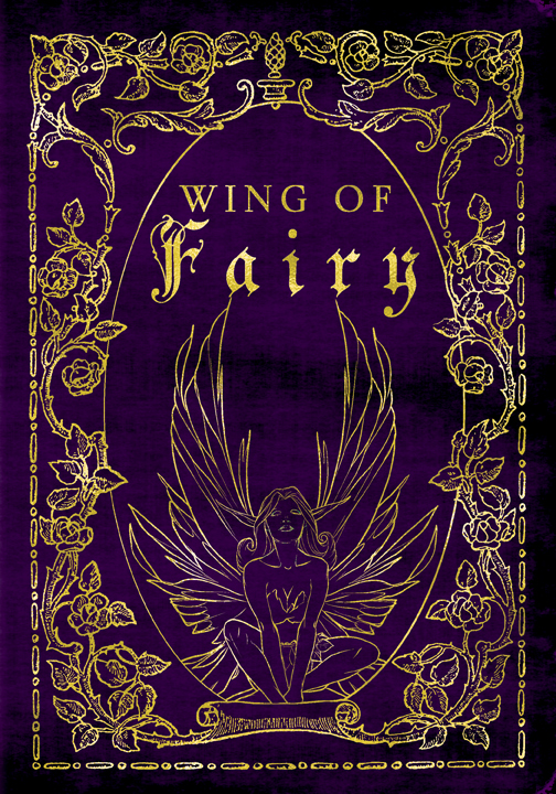 A vintage style ornate gold foiling design with a winged fairy sitting in the center on a purple weathered background