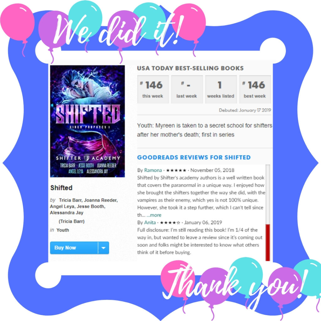 a screenshot of shifted on the USA Today bestseller list, framed with purple and balloons saying We did it! Thank you!