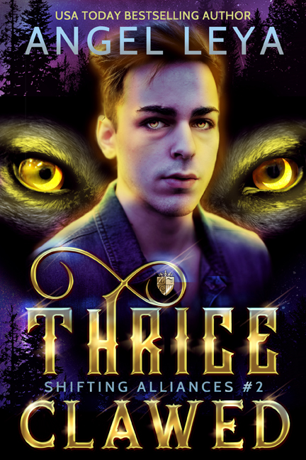 Thrice Clawed ebook, a young man looks at the viewer with a dark forest and glowing wolf eyes behind him.