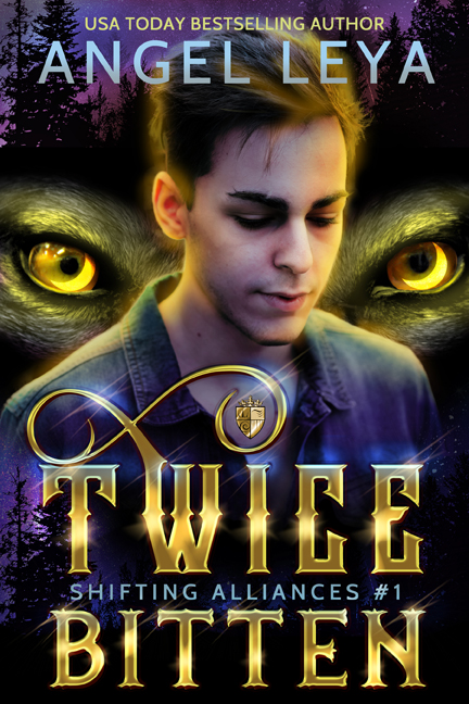 Book cover for Twice Bitten by Angel Leya, a young man looking down with a dark forest and glowing wolf eyes behind him.